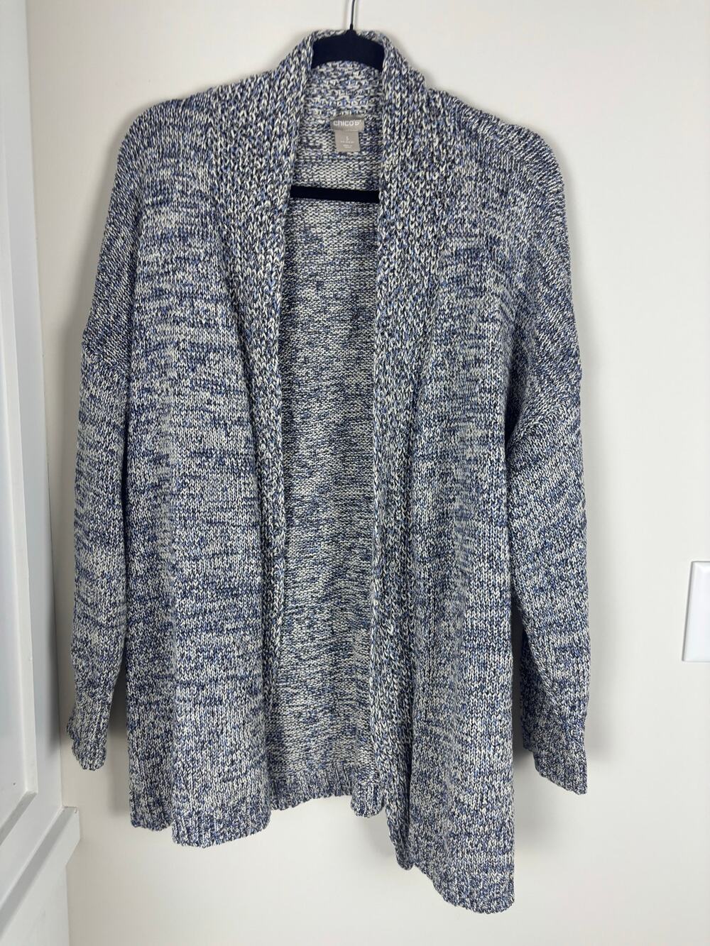 Chico’s Cardigan Womens 3 XXL Blue White Marled Knit Open Front Cotton Sweater